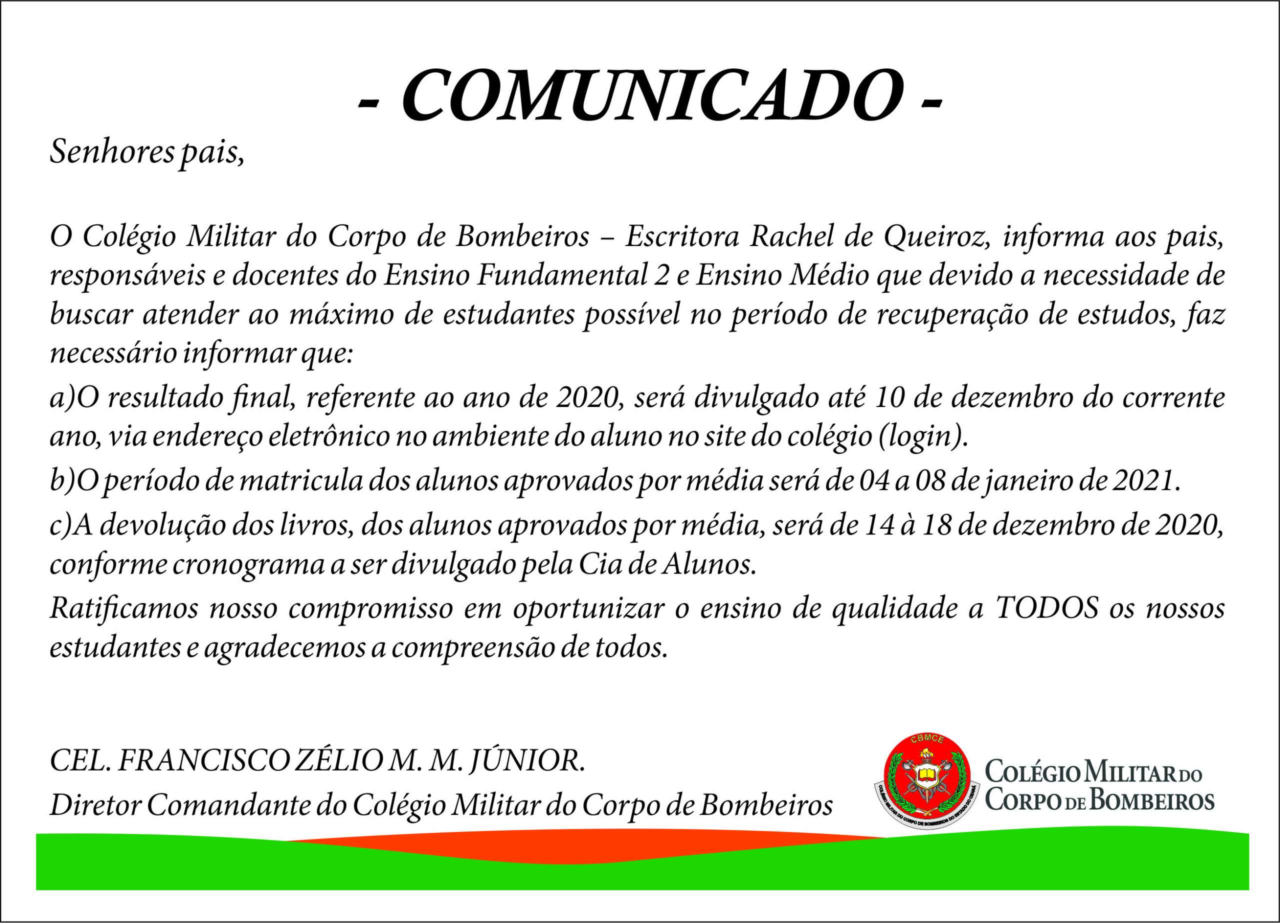 Comunicado Período de Recuperação e Matrículas