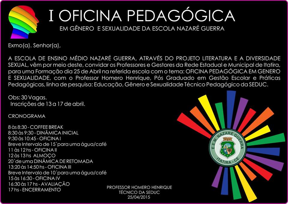 I OFICINA PEDAGÓGICA EM GENERO E SEXUALIDADE DA ESCOLA NAZARÉ GUERRA
