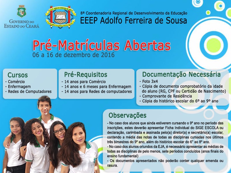 EEEP Adolfo Ferreira em Redenção iniciará processo de pré-matrículas para 2017