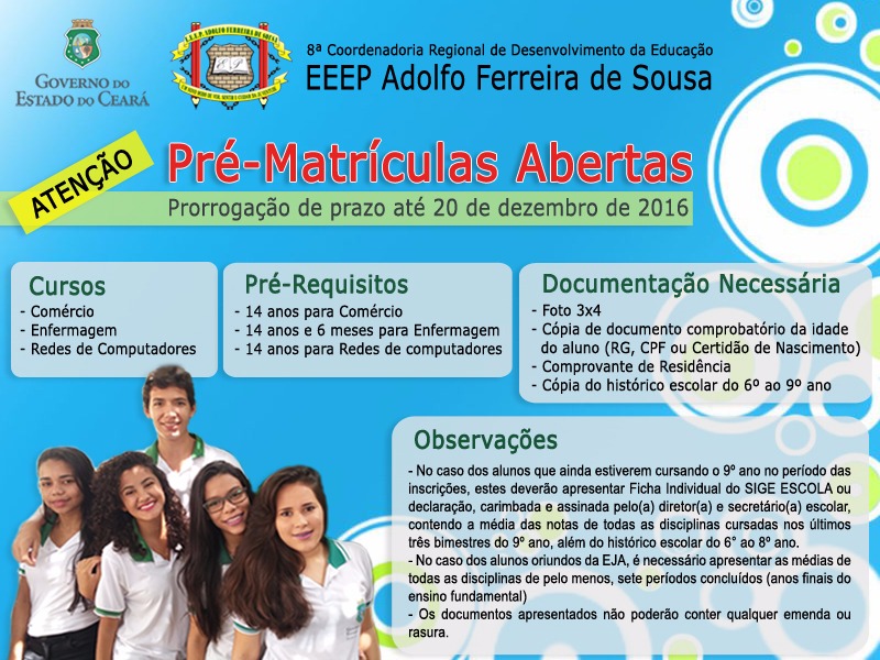 EEEP Adolfo Ferreira de Sousa prorroga prazo de Pré – Matriculas