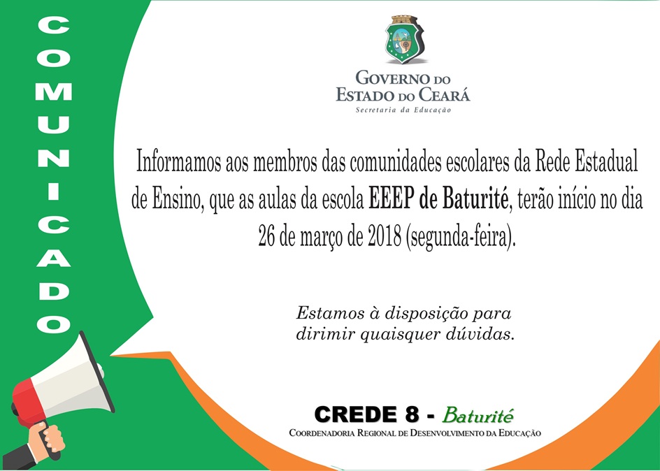 Comunicado – Início das aulas na EEEP de Baturité