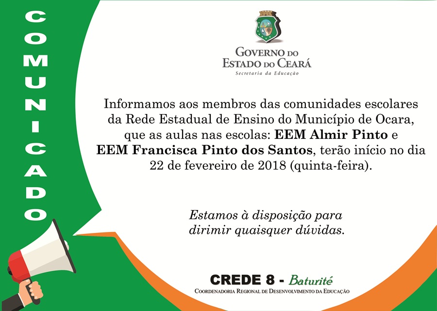 Comunicado – Início das aulas da Rede Estadual de Ensino no Município de Ocara/CE