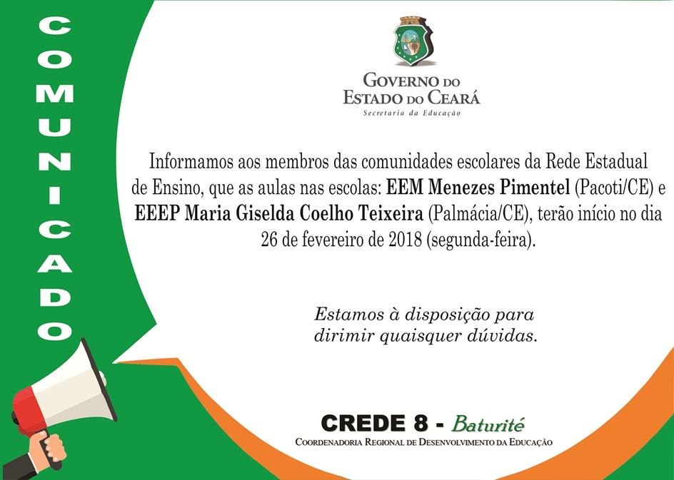 Comunicado – Início das aulas da Rede Estadual de Ensino nos Municípios de Pacoti e Palmácia/CE
