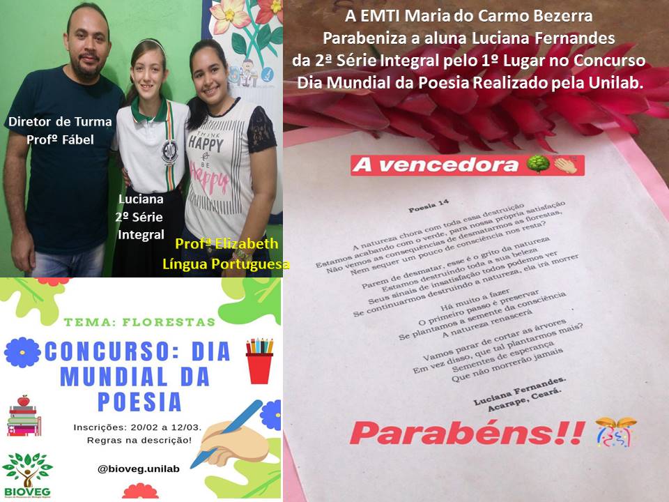 Aluna da EEMTI Maria do Carmo Bezerra é destaque no Concurso do Dia Mundial da Poesia promovido pela UNILAB