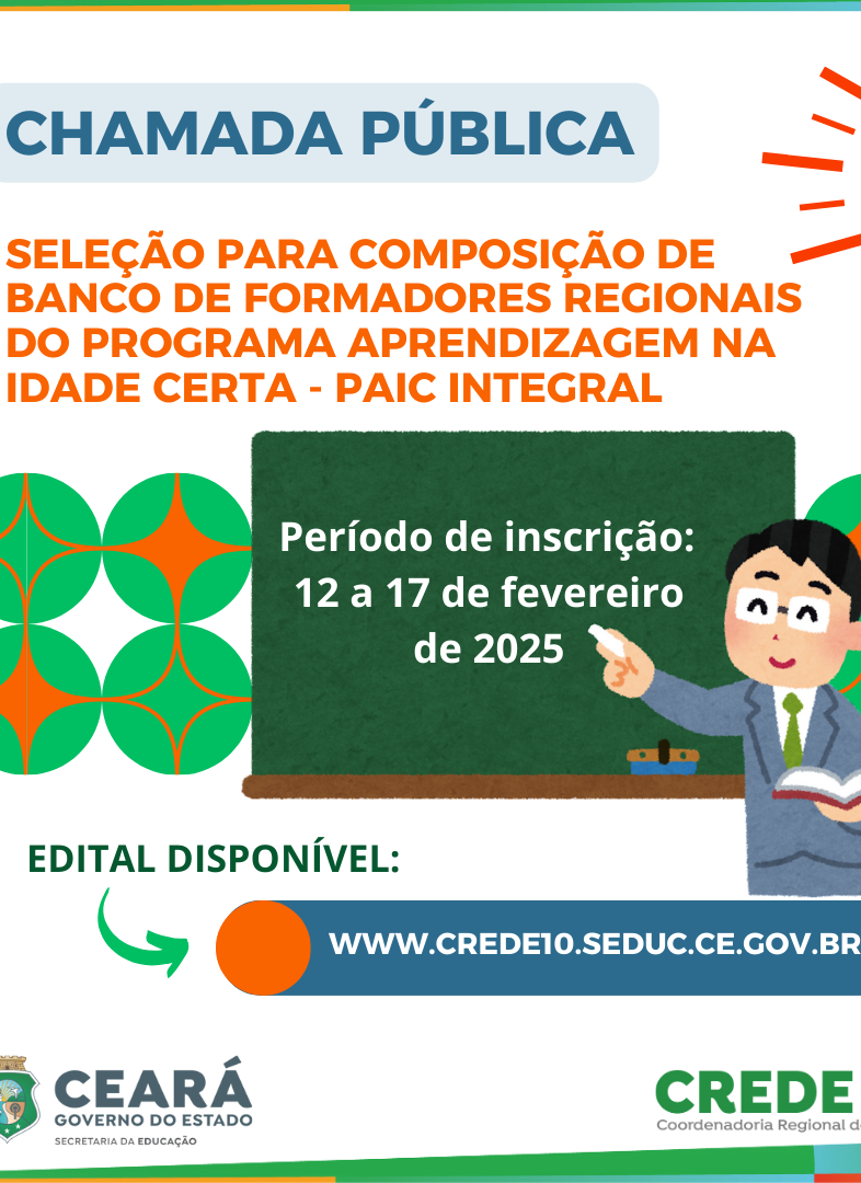 Chamada Pública Nº 001/2025: Seleção para composição de Banco de Formadores Regionais do PAIC Integral
