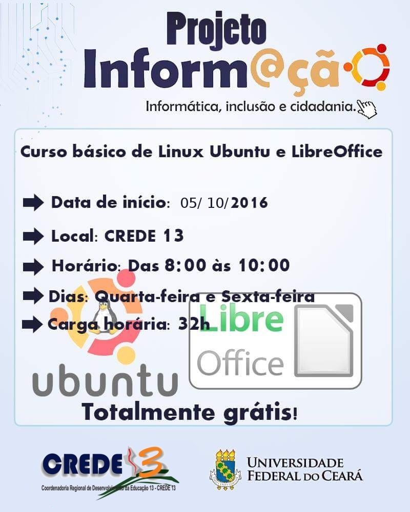 INSCRIÇÕES ABERTAS – Curso Básico de LINUX Ubuntu e LibreOffice  (UFC/CREDE 13)