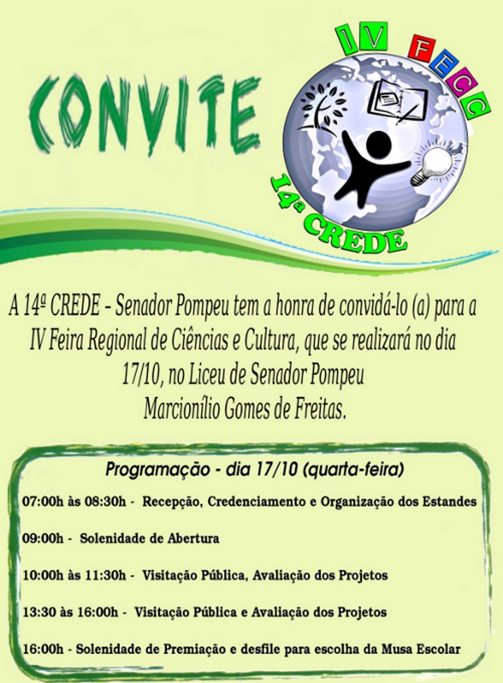 A  14ª CREDE – Realiza neste dia 17 de Outubro a IV Feira Regional de Ciências e Cultura – Senador Pompeu – CE