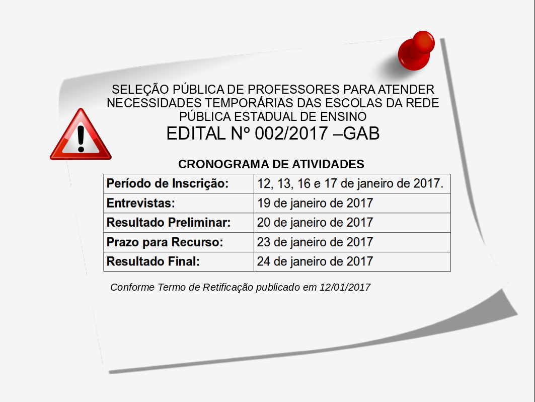 Cronograma de atividades da Seleção Pública de Professores