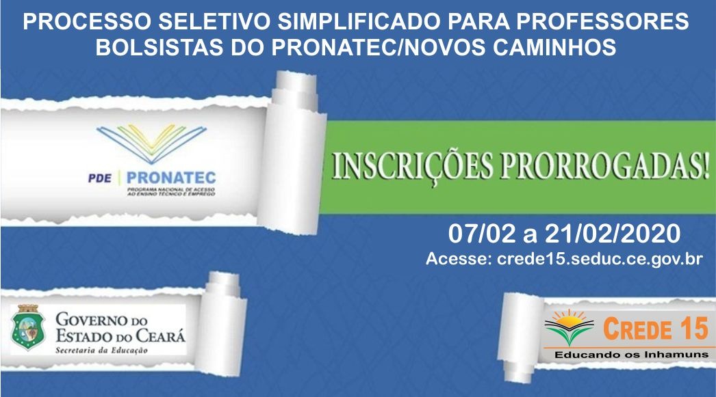 Prorrogação de inscrições para professor bolsista do Pronatec Novos Caminhos.