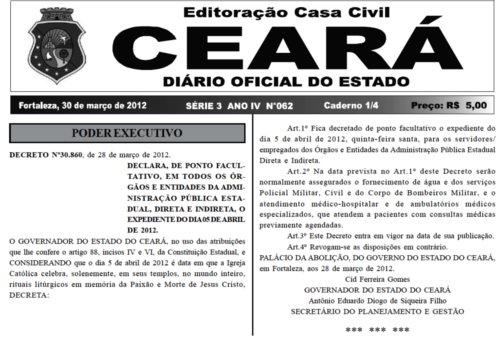 .::. 16ª CREDE .::. Governador decreta ponto facultativo dia 05/04/2012.