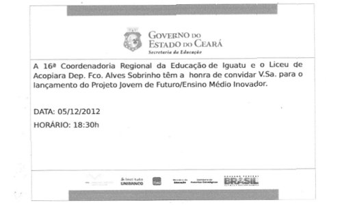 Convite – Solenidade de Lançamento do Projeto Jovem de Futuro no Liceu de Acopiara Deputado Francisco Alves Sobrinho