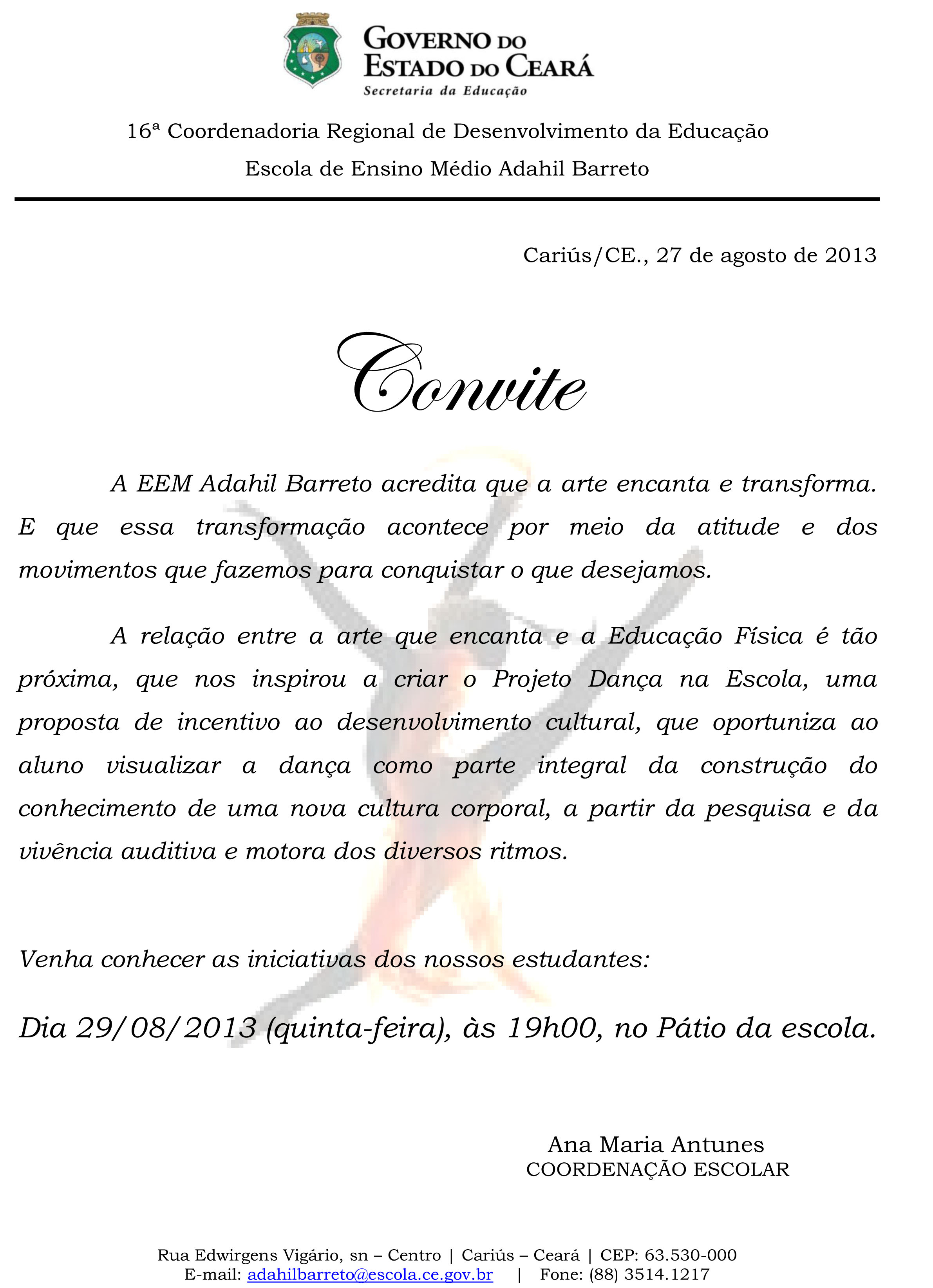 EEM Adahil Barreto convida a todos para a Noite da Dança