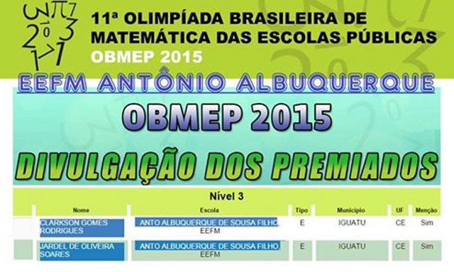 EEM Antonio Albuquerque – Alunos premiados na 11ª olimpíada Brasileira de Matemática  – OBMEP