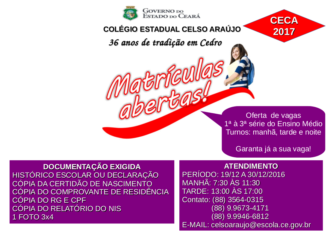 Matrículas Abertas – Colégio Estadual Celso Araújo