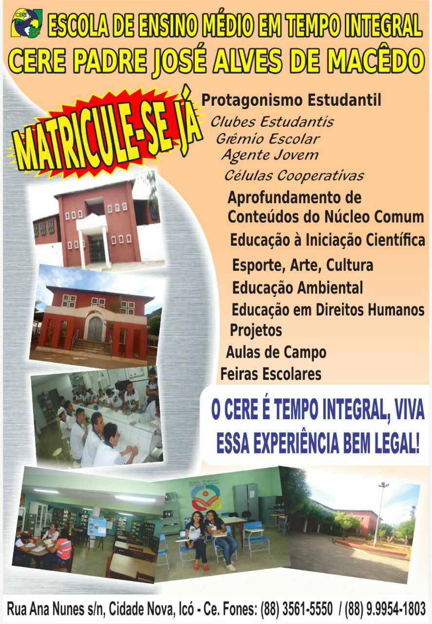 Matrículas Abertas! EEMTI CERE Pe. José Alves de Macêdo
