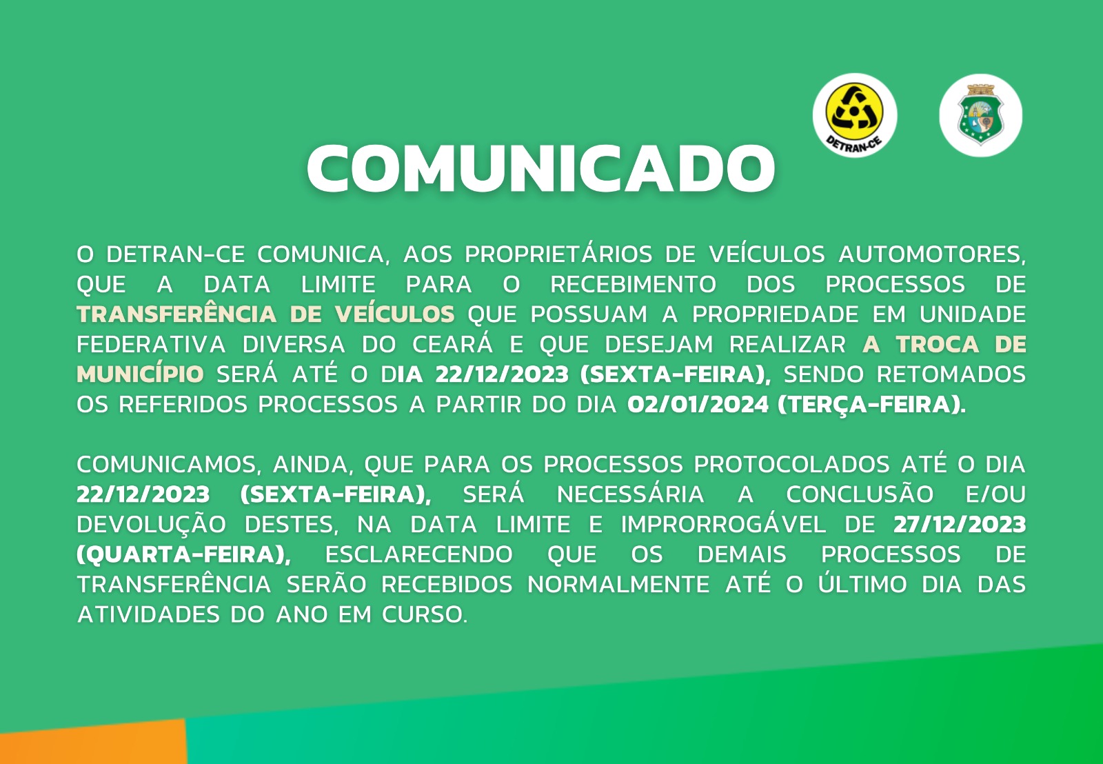 COMUNICADO – Transferência de veículos / Troca de município