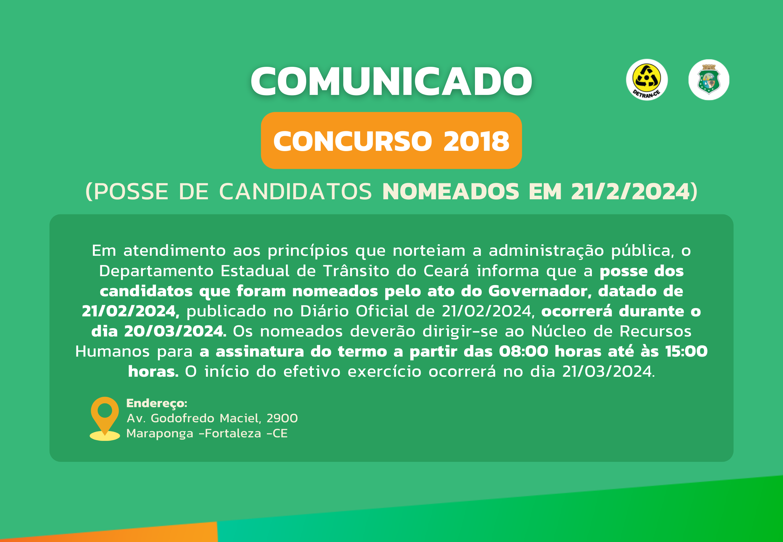 COMUNICADO – CONCURSO 2018 (POSSE DE CANDIDATOS NOMEADOS EM 21/2/2024)