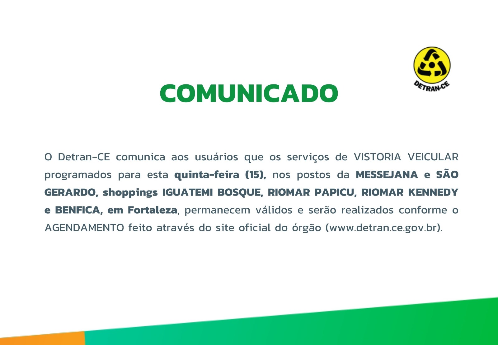COMUNICADO: VISTORIAS PROGRAMADAS PARA 15/08/24