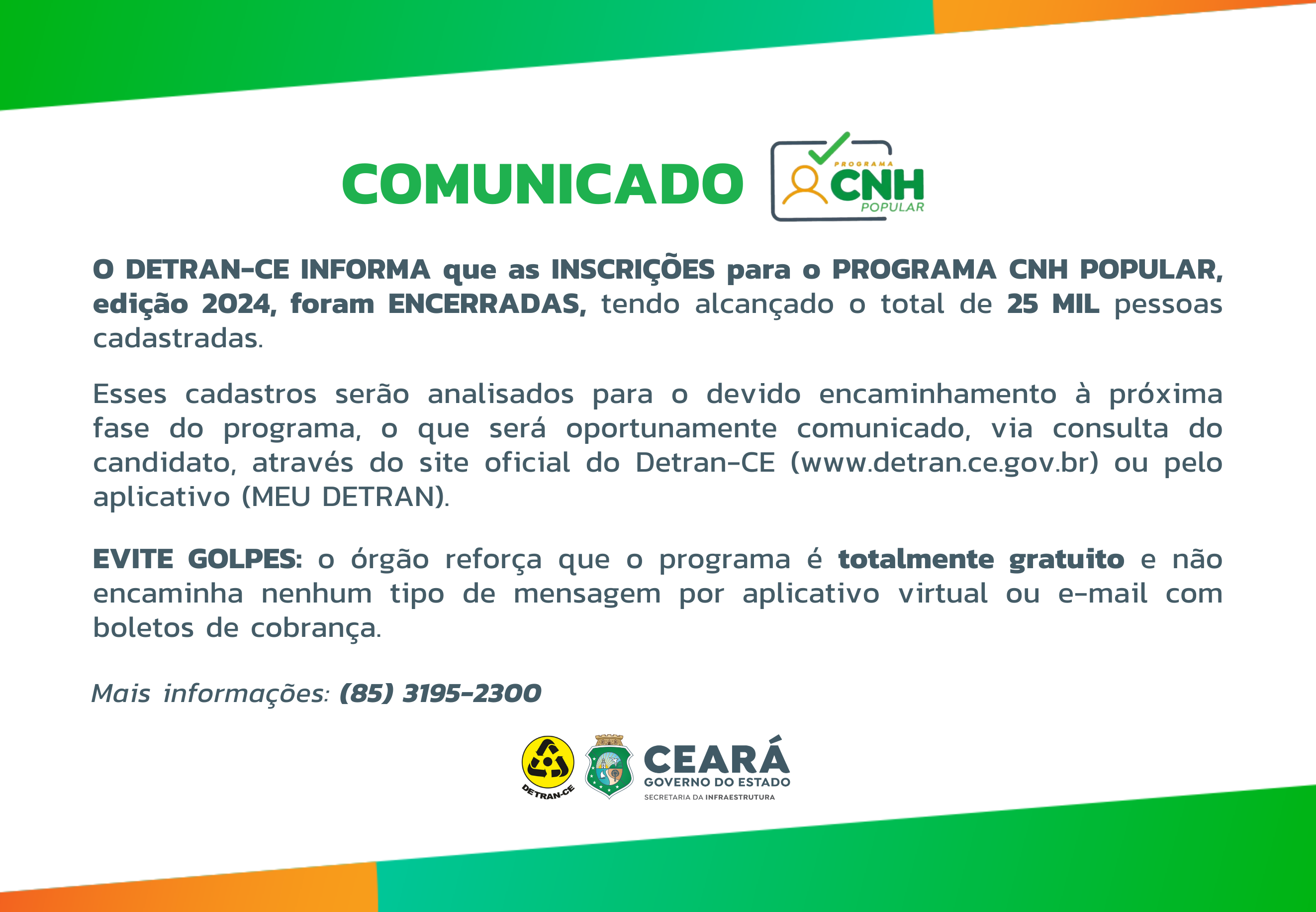 INSCRIÇÕES CNH POPULAR 2024 ENCERRADAS