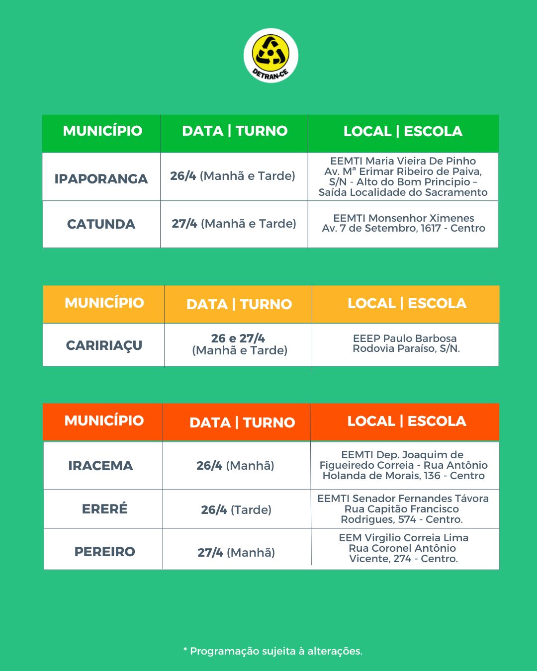 INFORMATIVO CNH POPULAR – Confira a programação para os atendimentos nos dias 26 e 27 de abril