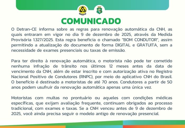 COMUNICADO RENOVAÇÃO AUTOMÁTICA CNH