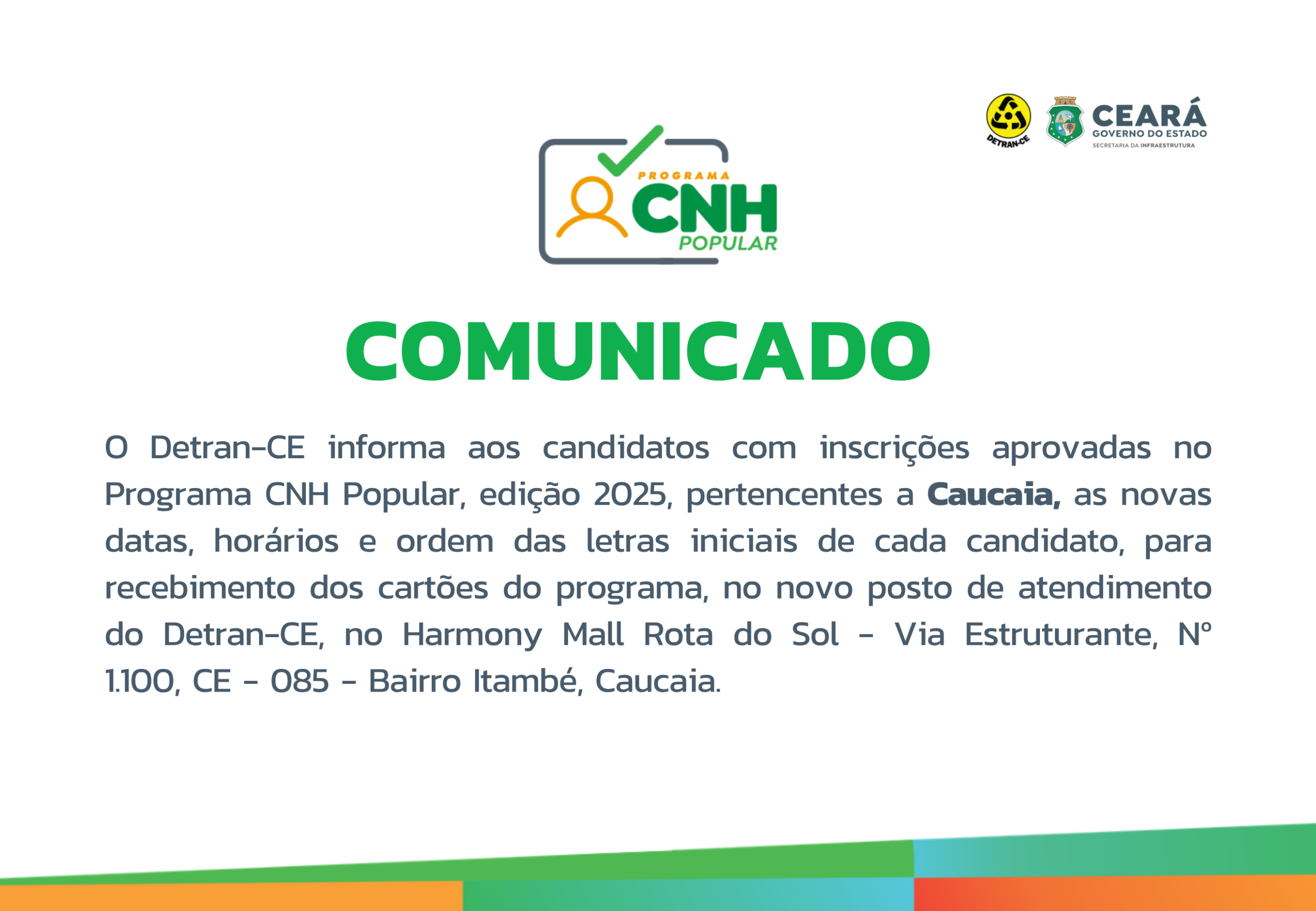 COMUNICADO  CNH POPULAR – RECEBIMENTO CARTÕES – CAUCAIA