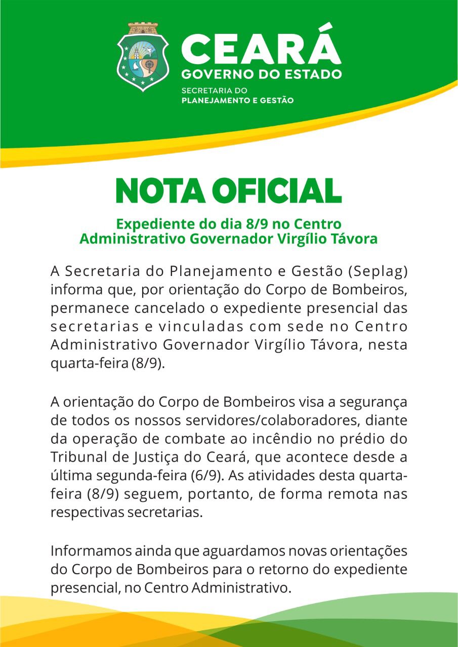 Nota Oficial: Expediente do dia 08/09 no Centro Administrativo Governador Virgílio Távora