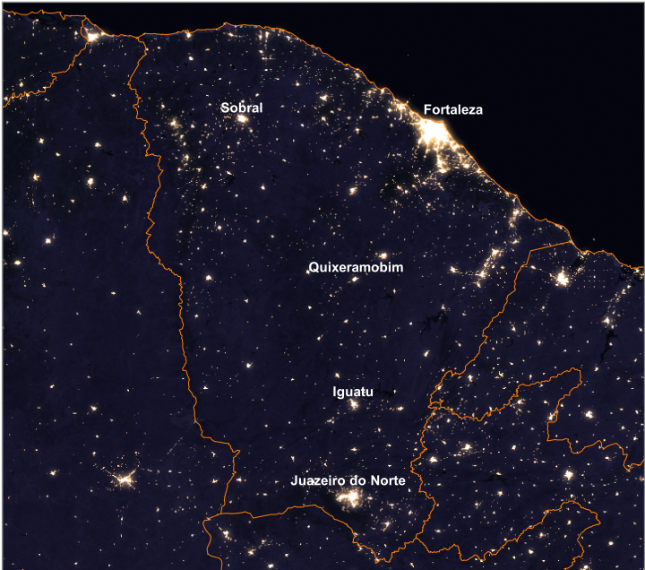 Imagens de satélite mostram fontes luminosas artificiais do Ceará a partir do espaço