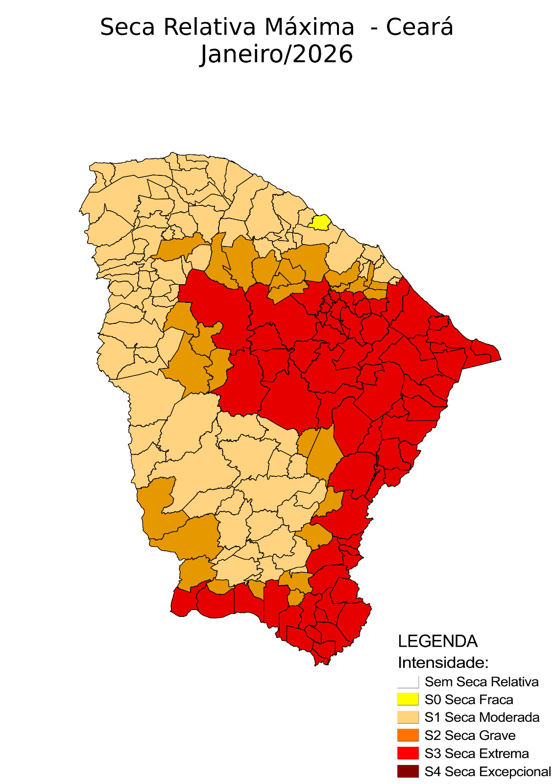 Mapa de janeiro aponta avanço da seca e retorno do nível extremo no Ceará