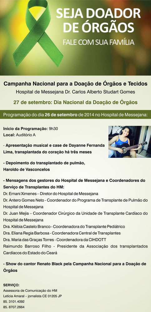 26 de setembro: Dia Nacional da Doação de Órgãos | Programação