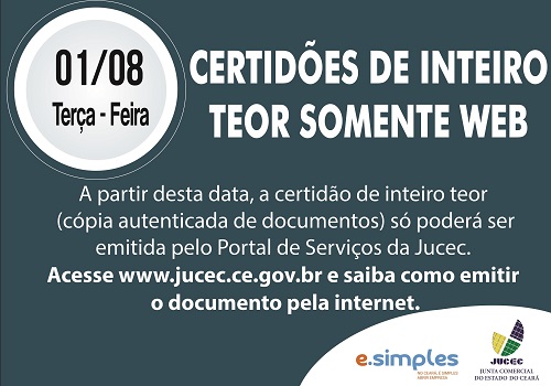 Jucec disponibiliza Certidão de Inteiro Teor Web