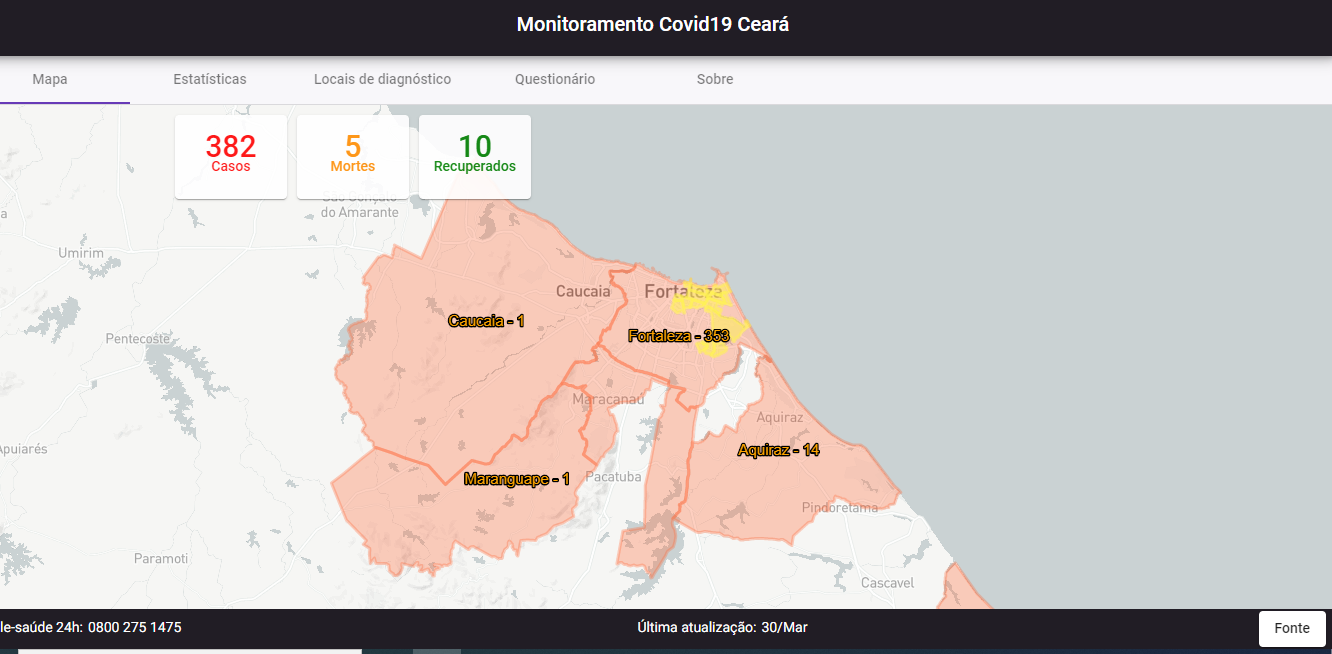 COVID-19: Mapa faz um monitoramento dos casos de Coronavírus no Ceará