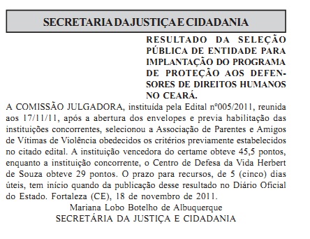 Resultado da seleção pública para implantação do Programa de Proteção aos Defensores dos Direitos Humanos