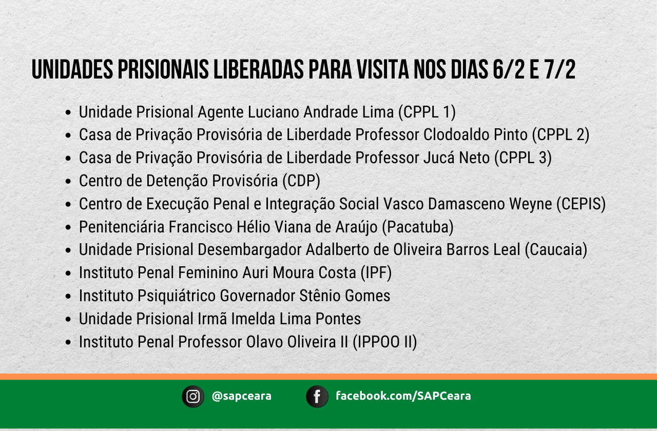 Unidades prisionais liberadas para visitas nos dias 6 e 7 de Fevereiro