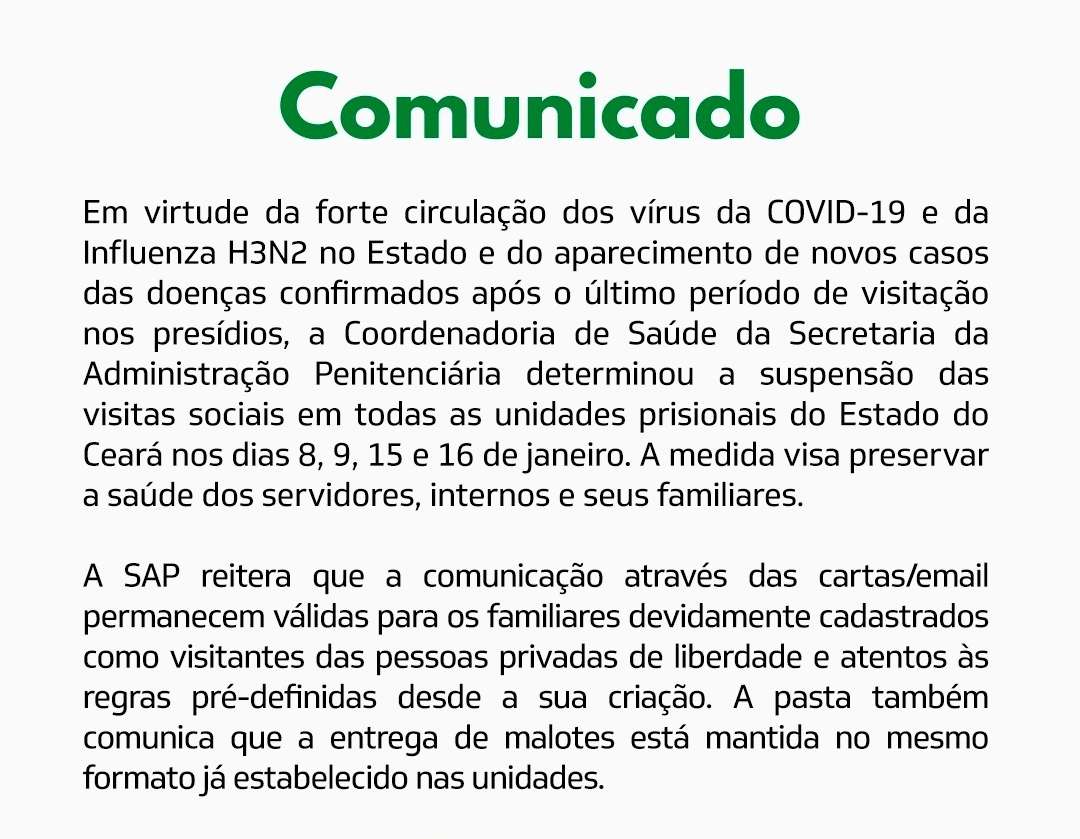 ATENÇÃO – VISITAS SOCIAIS SUSPENSAS EM TODAS AS UNIDADES PRISIONAIS DO CEARÁ