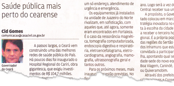 Artigo do Governador no O Povo destaca a  nova rede de assistência à saúde