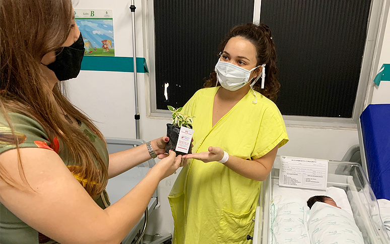 Pais de crianças nascidas no HMJMA recebem mudas de plantas durante Semana do Bebê