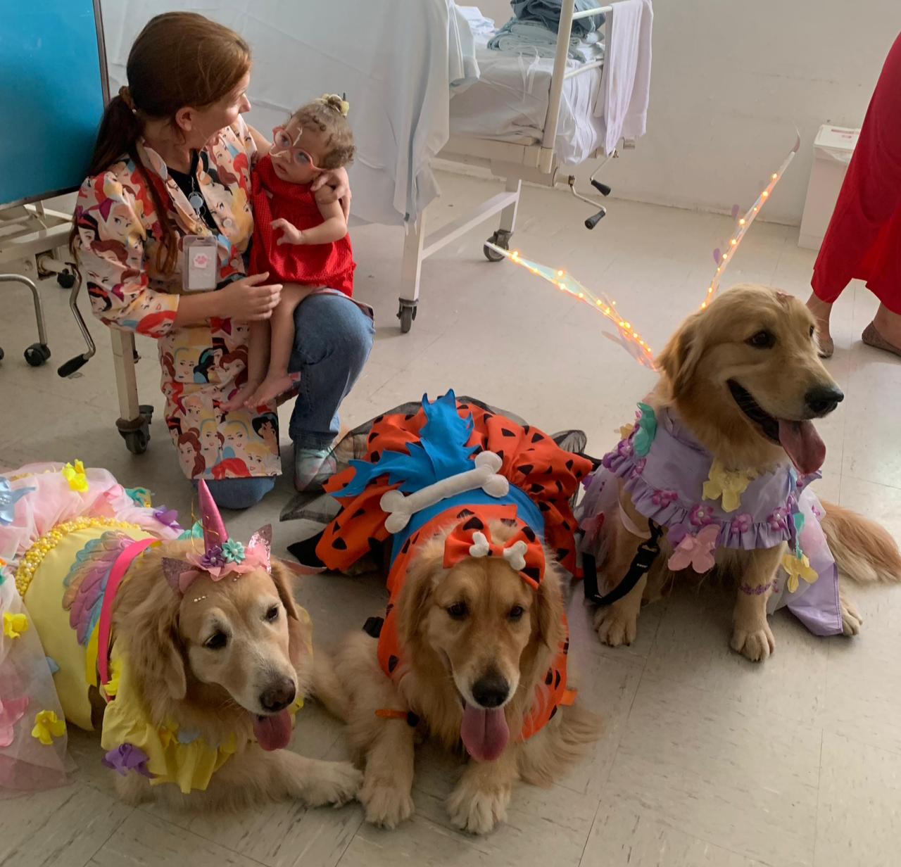 De vestido e até asas de fada, cachorrinhas divertem crianças internadas no Hospital Geral Dr. Waldemar Alcântara