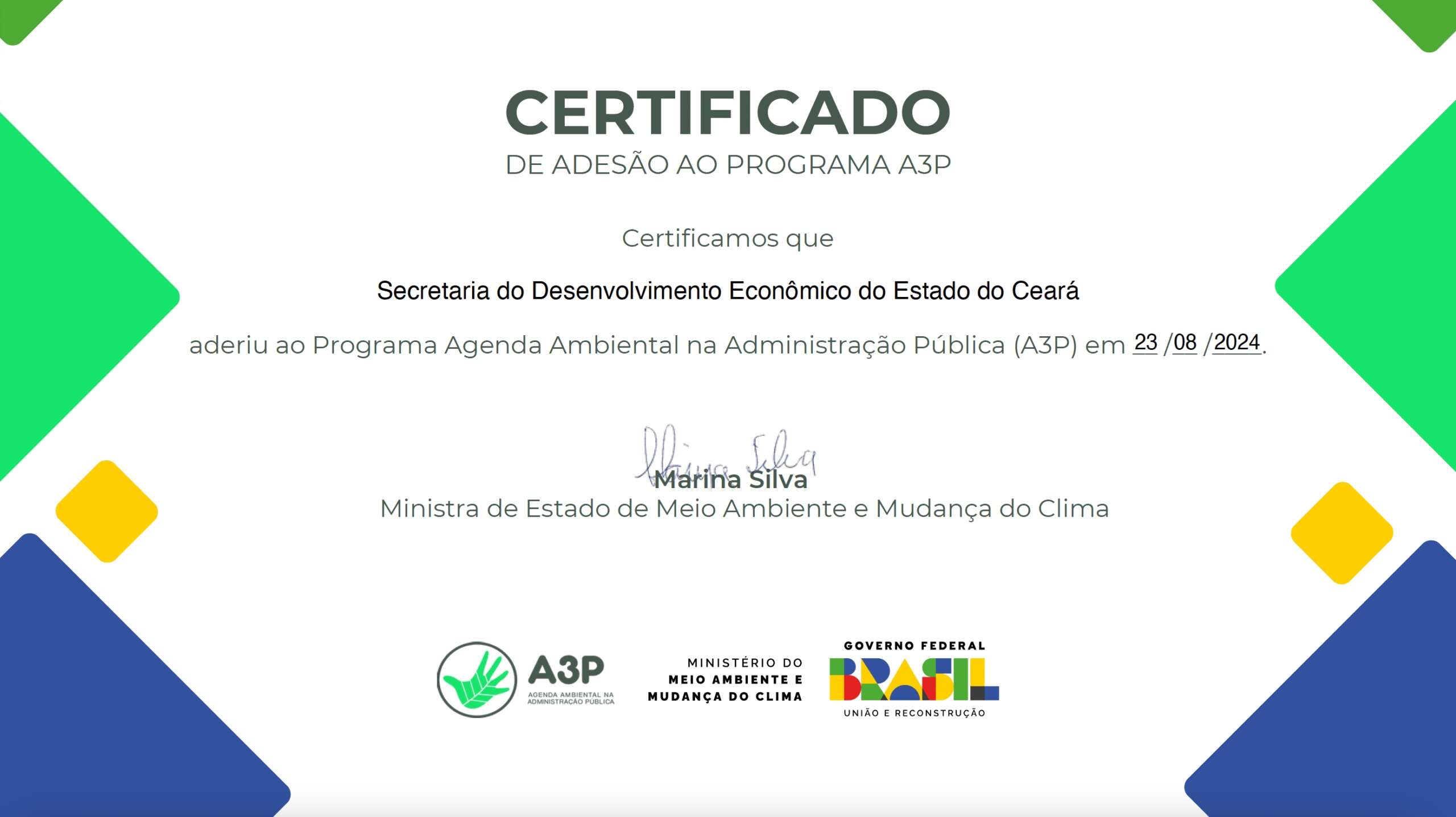 SDE adere a Agenda Ambiental na Administração Pública (A3P) junto ao Ministério de Meio Ambiente e Mudança do Clima