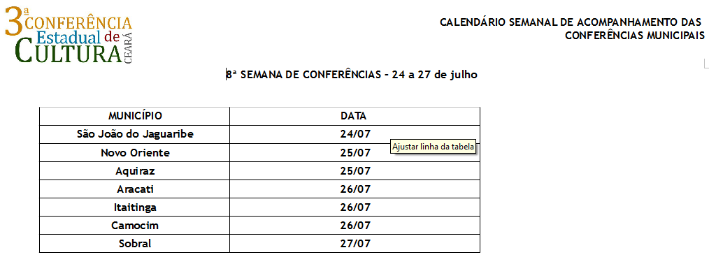 Calendário Conferências Municipais de Cultura