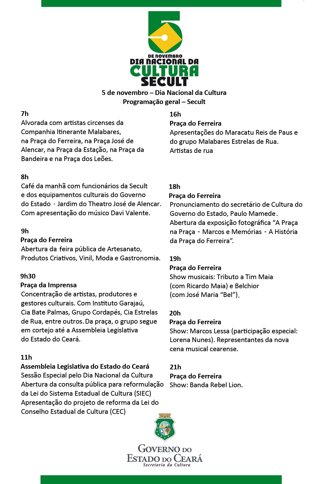 Confira a programação da Secretaria da Cultura do Estado para o Dia Nacional da Cultura