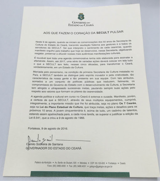 “AOS QUE FAZEM O CORAÇÃO DA SECULT PULSAR”. Confira a carta do Governador Camilo Santana alusiva aos 50 anos da SECULT – Secretaria de Cultura do Estado.