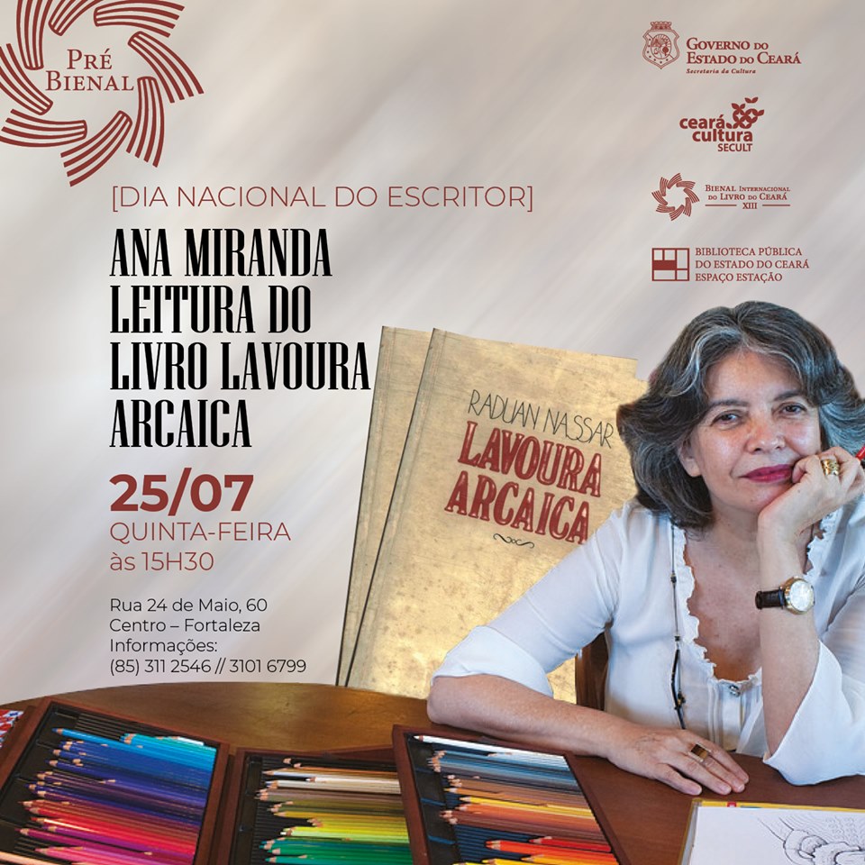 Escritora Ana Miranda realiza leitura de “Lavoura Arcaica” em ação pré-Bienal