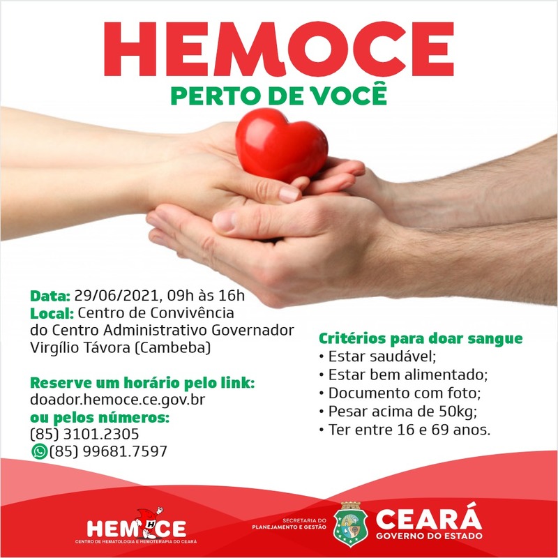 Hemoce fará coleta de sangue na terça-feira, dia 29. Vamos estender a mão!