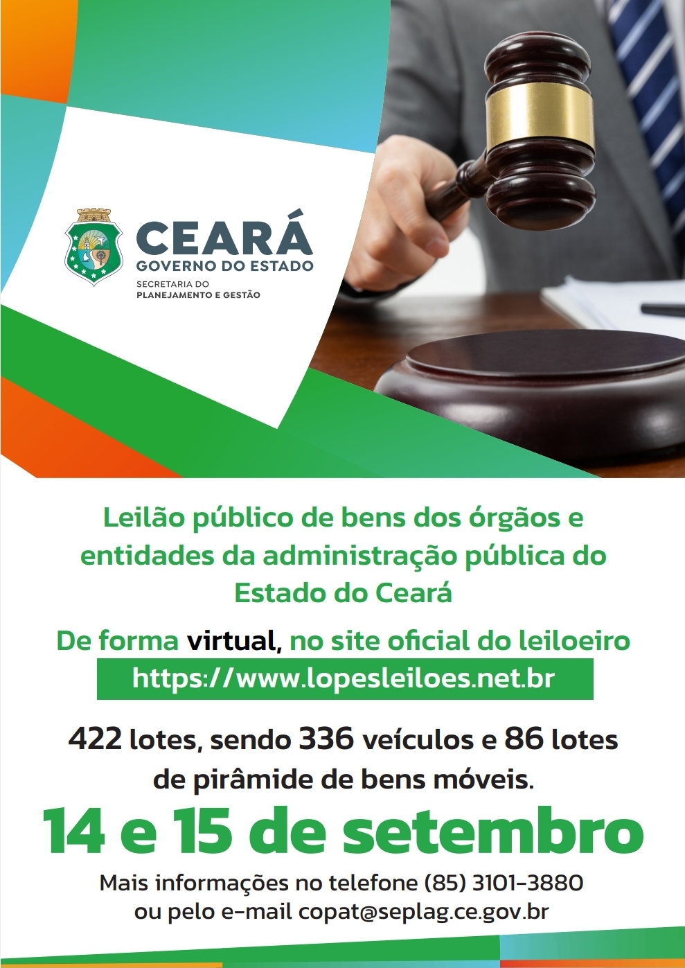 Seplag realiza leilão de bens da administração pública nos dias 14 e 15 de setembro