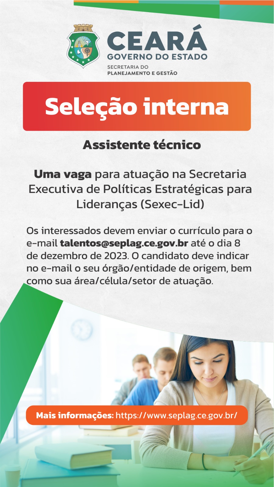 Seplag abre uma vaga para assistente técnico da Sexec-Lid