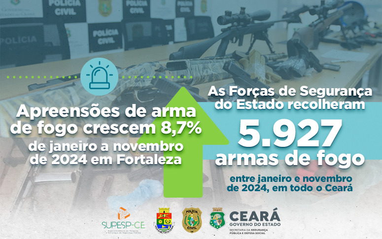 Apreensões de arma de fogo crescem 8,7% de janeiro a novembro de 2024 em Fortaleza