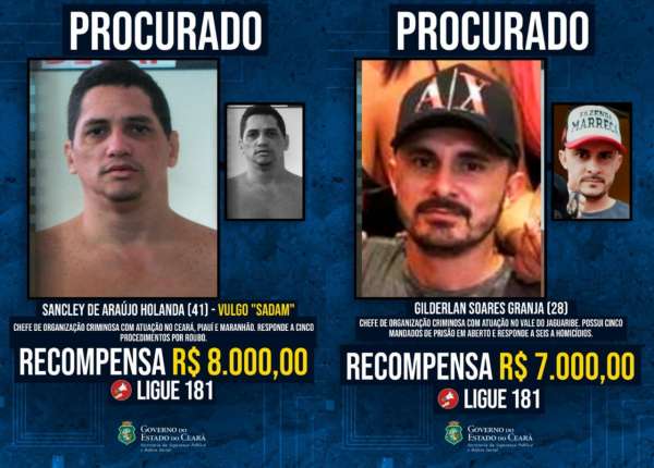 Mais quatro nomes de foragidos da Justiça são incluídos no Programa de Recompensa do Ceará