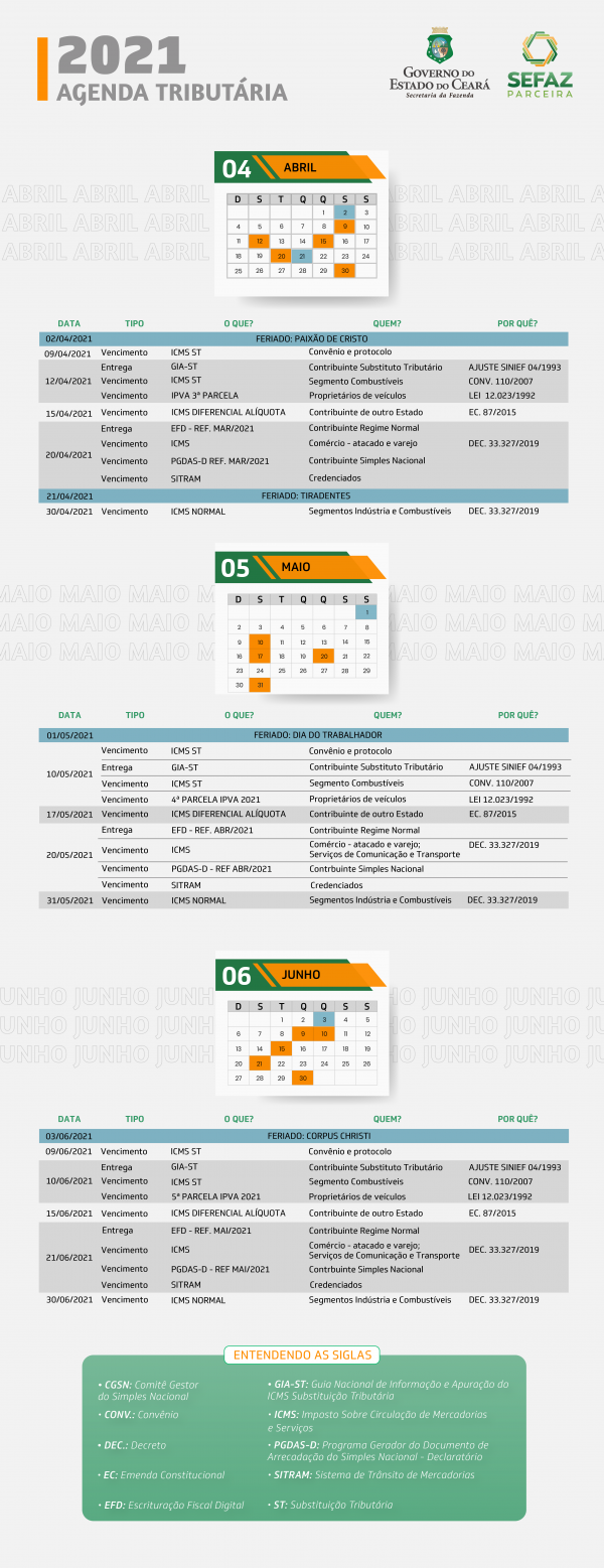 Sefaz disponibiliza Agenda Tributária do segundo trimestre de 2021