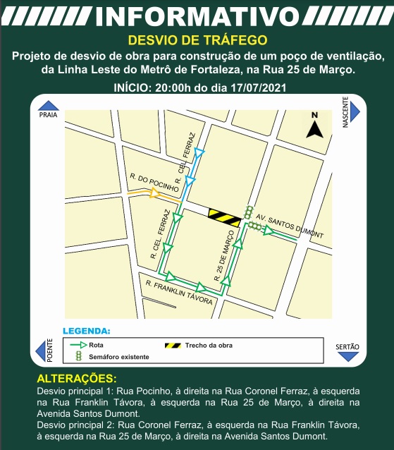 Trecho da Av. Santos Dumont será interditado neste sábado (17) para avanço das obras da Linha Leste do Metrofor